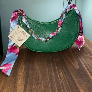 Green Leather Crescent Shoulder Bag with Floral Scarf